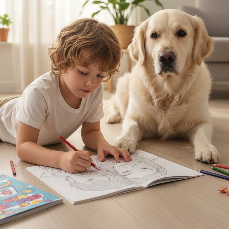Child coloring a personalized coloring book of their pet dog