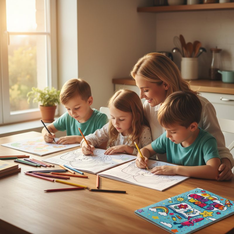 Mom and kids coloring personalized coloring books together