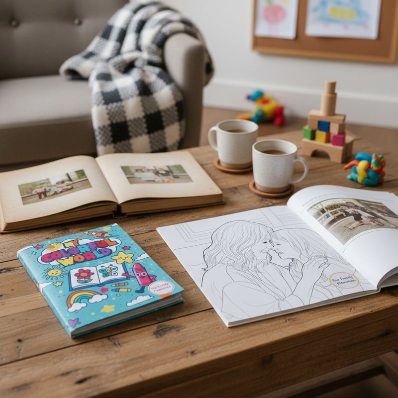 Personalized coloring book kept on a family coffee table
