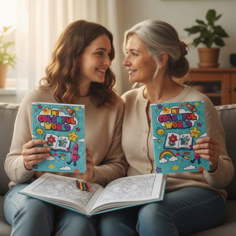 Moms of different ages with personalized coloring books