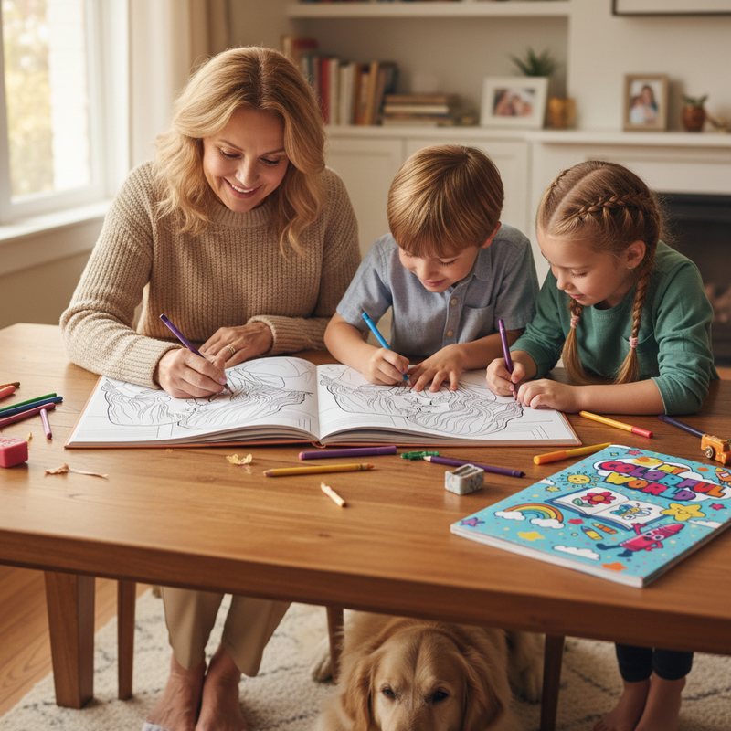 Mom coloring with her grandkids and the family dog