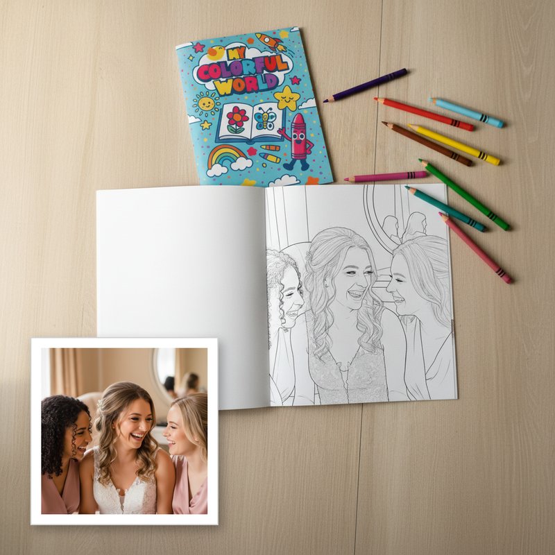 Wedding photo transformed into a personalized coloring book