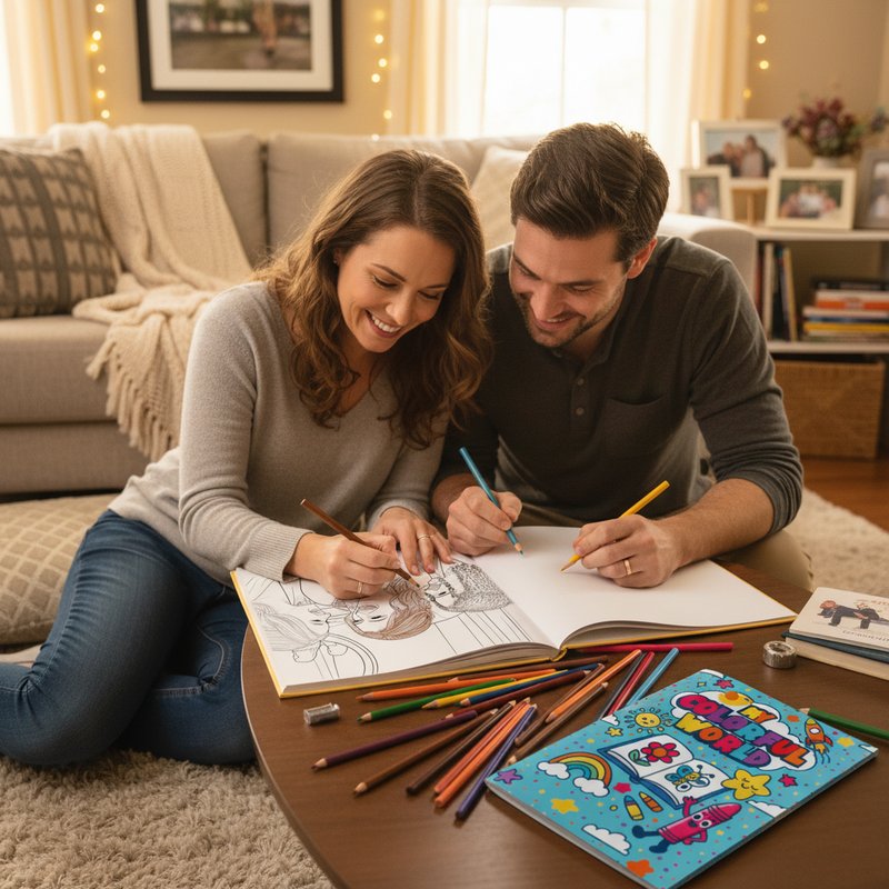 Couple coloring a personalized wedding coloring book on their anniversary