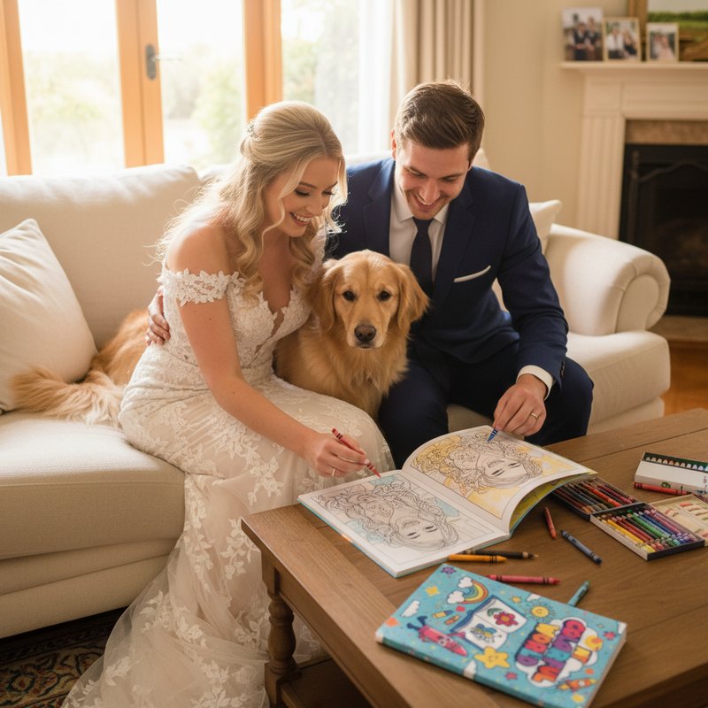 Bride and groom coloring a personalized coloring book with their dog