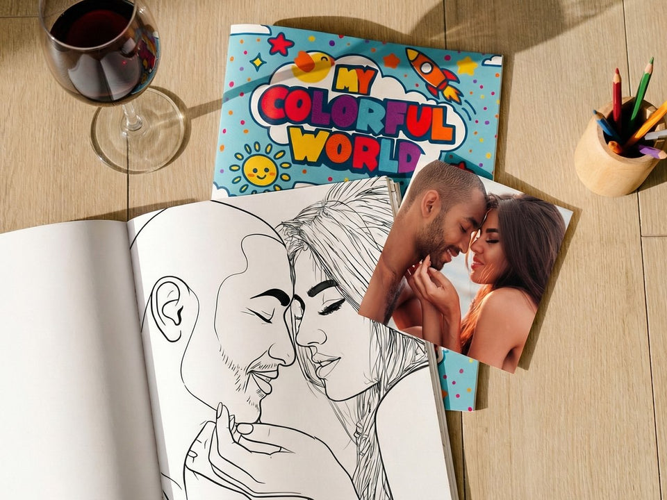Couple coloring a personalized coloring book of their photos
