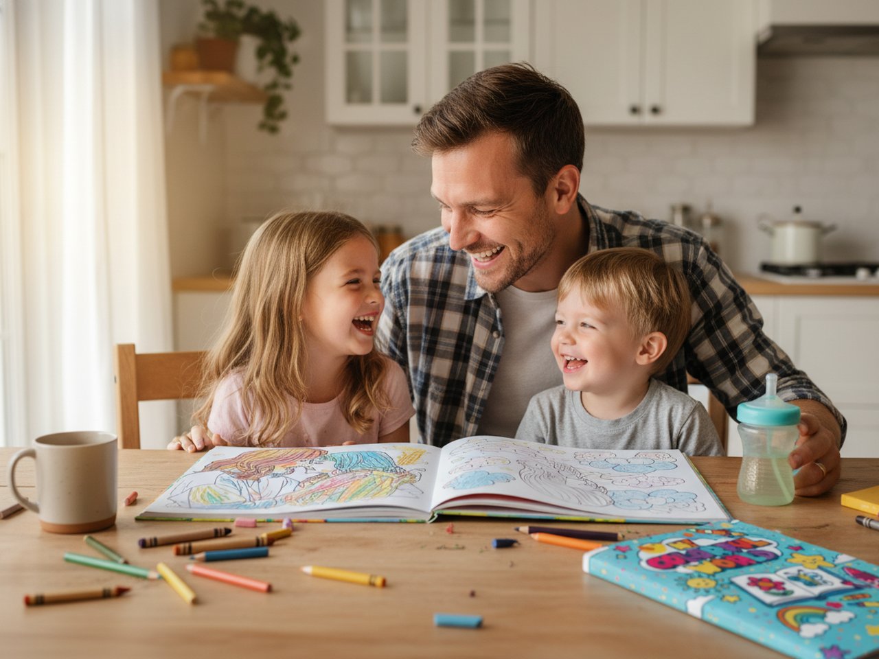 Dad and kids coloring a personalized coloring book together