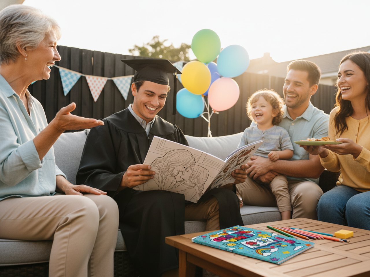 Graduate and family with a personalized graduation coloring book