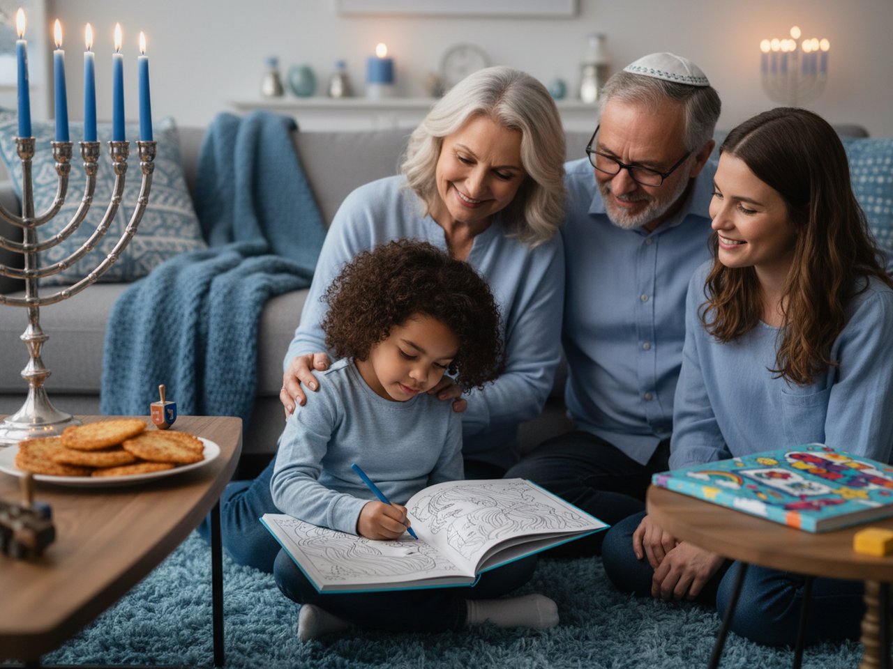 Family coloring a personalized Hanukkah coloring book by the menorah