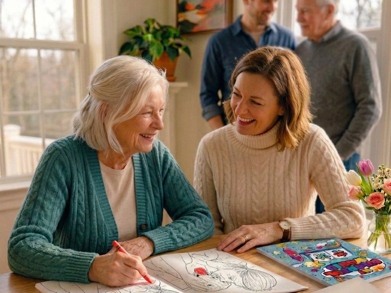 Mom and daughter coloring a personalized coloring book together
