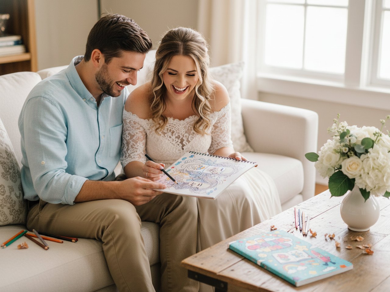Newlywed couple coloring a personalized wedding coloring book