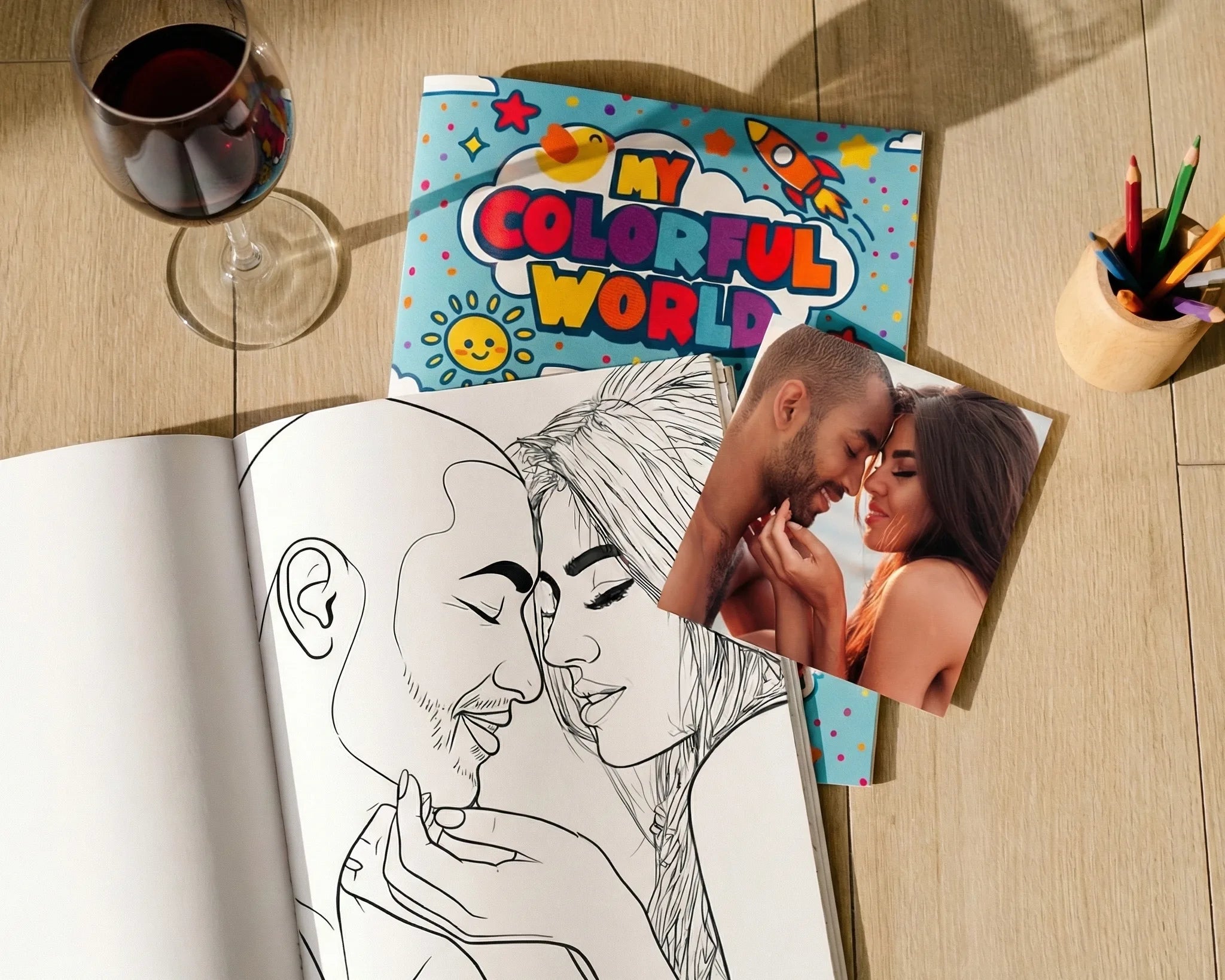 An open personalized coloring book made from a couple's photo