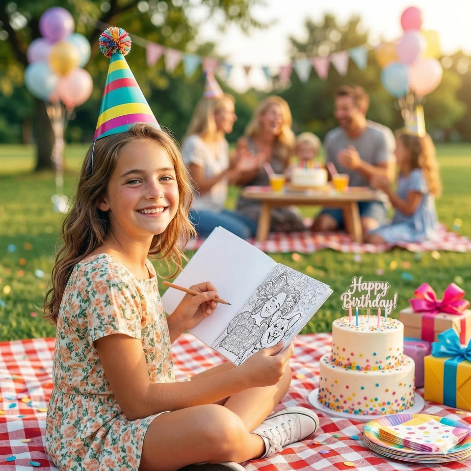 A girl at her birthday party holding a personalized coloring book