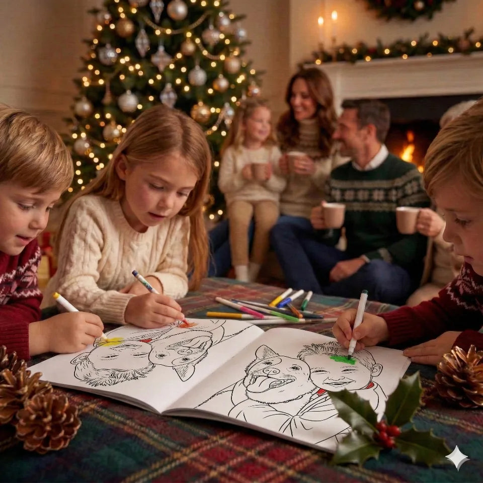 A family coloring personalized coloring books by the Christmas tree
