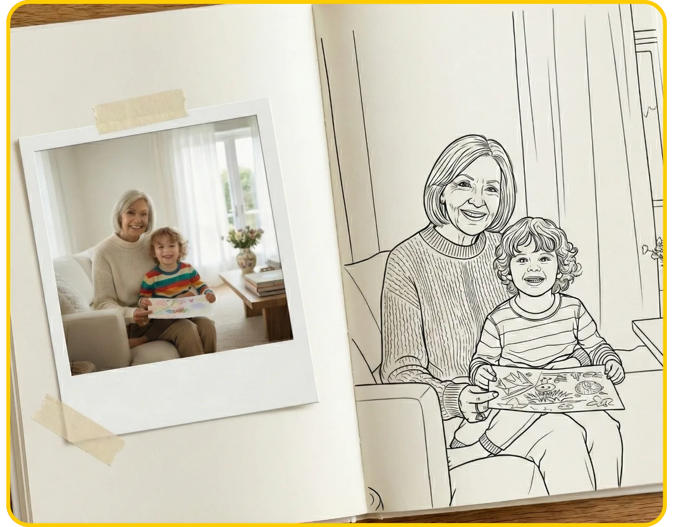 A family photo beside its matching personalized coloring book page