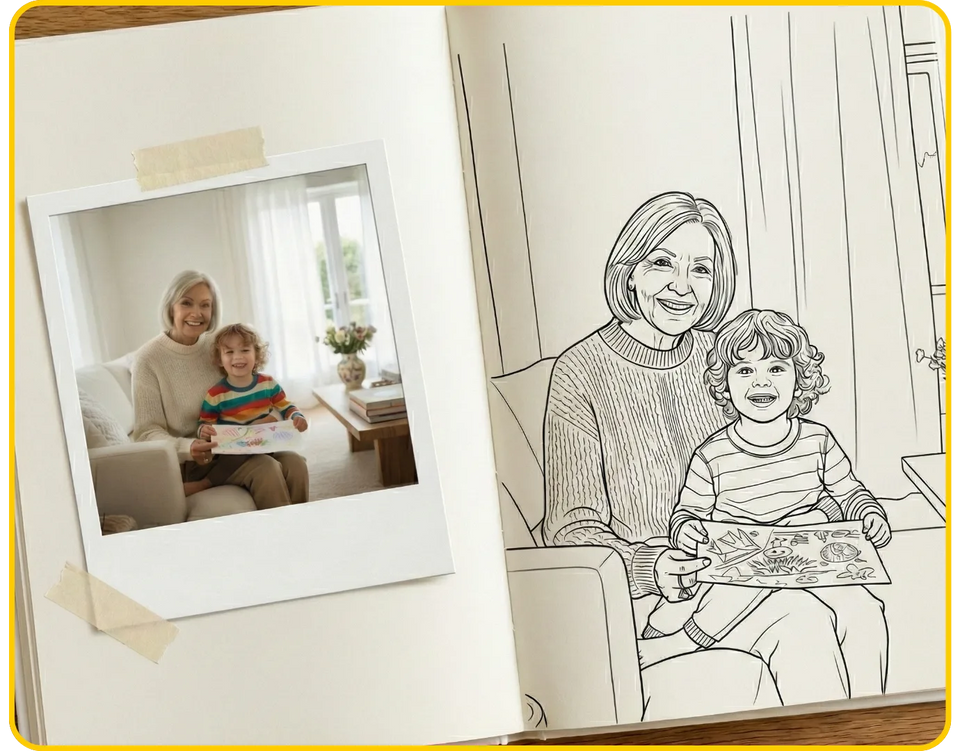A family photo beside its matching personalized coloring book page