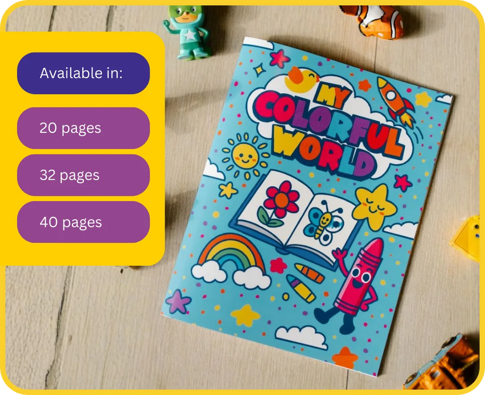 A My Colorful World personalized coloring book cover with 20, 32, and 40 page options