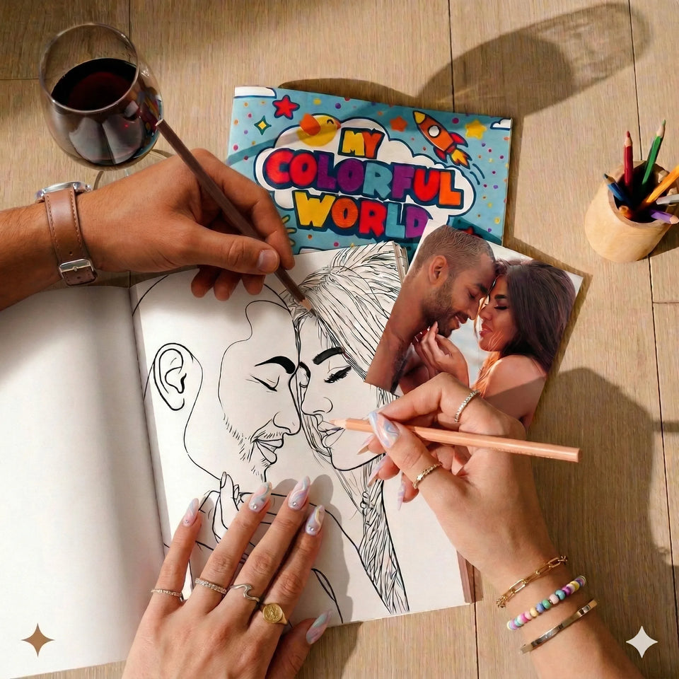 Hands coloring a personalized coloring book made from a couple's photo