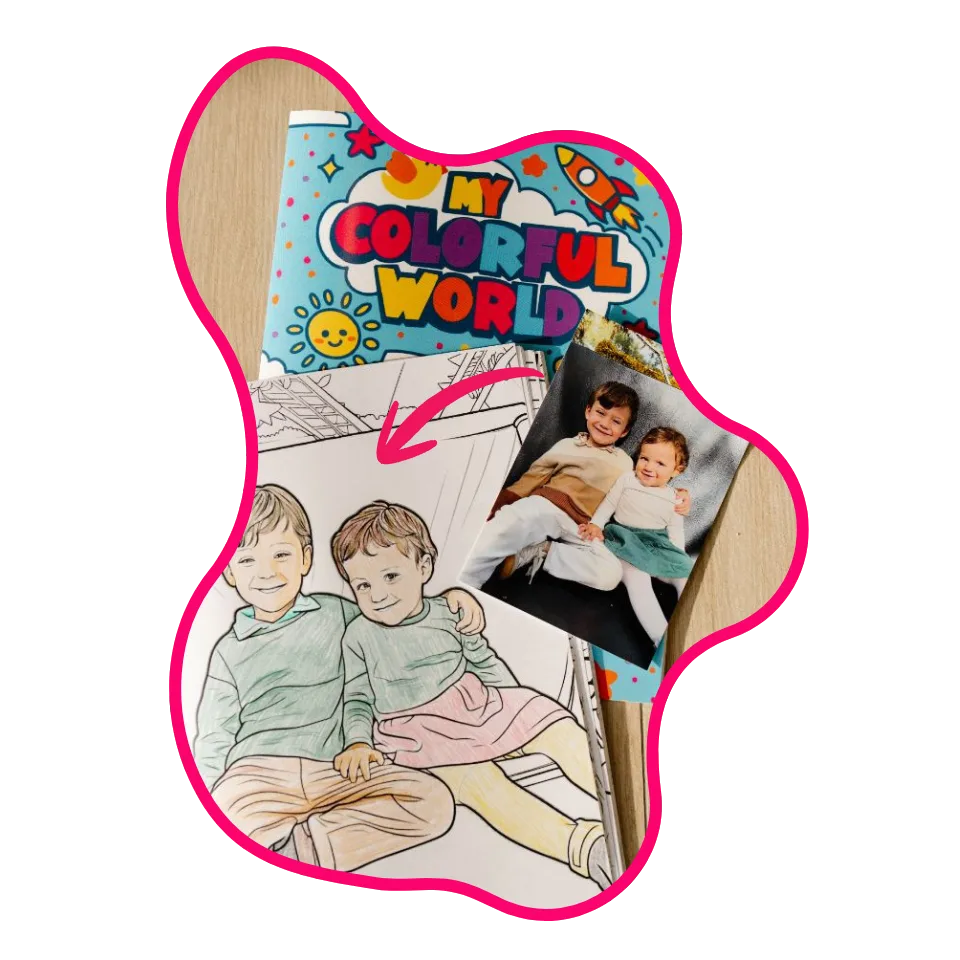 An open personalized coloring book showing children's photo as a coloring page