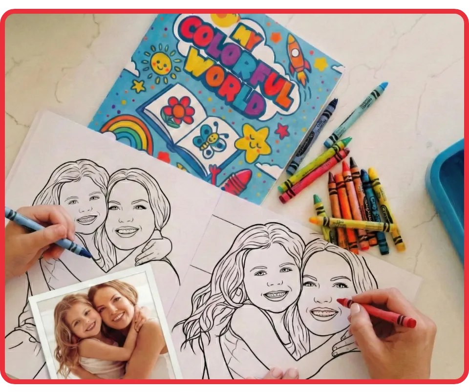 Coloring a personalized coloring book page made from a family photo
