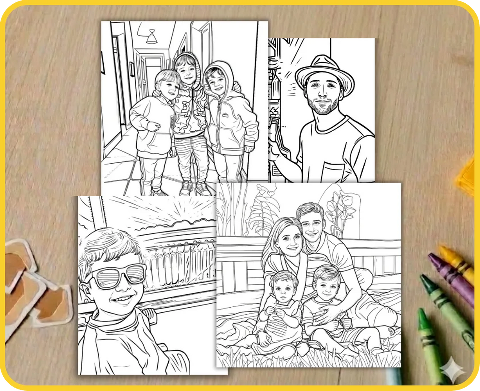 Sample personalized coloring book pages created from family photos