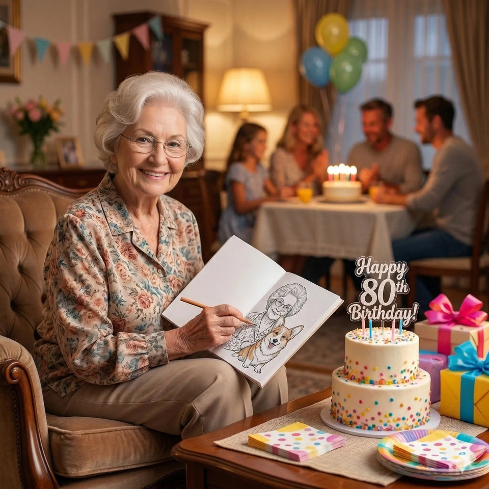 A woman celebrating her 80th birthday holding a personalized coloring book