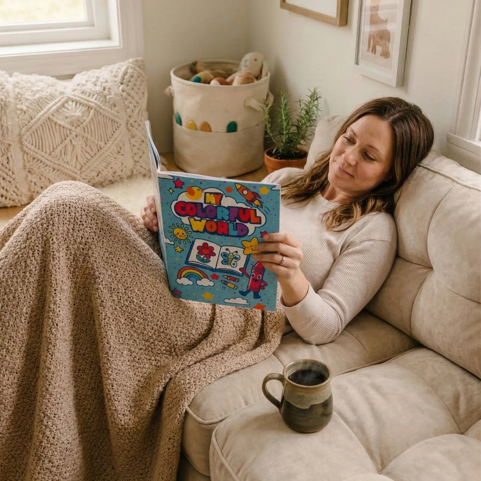 A woman relaxing on a couch holding a personalized coloring book