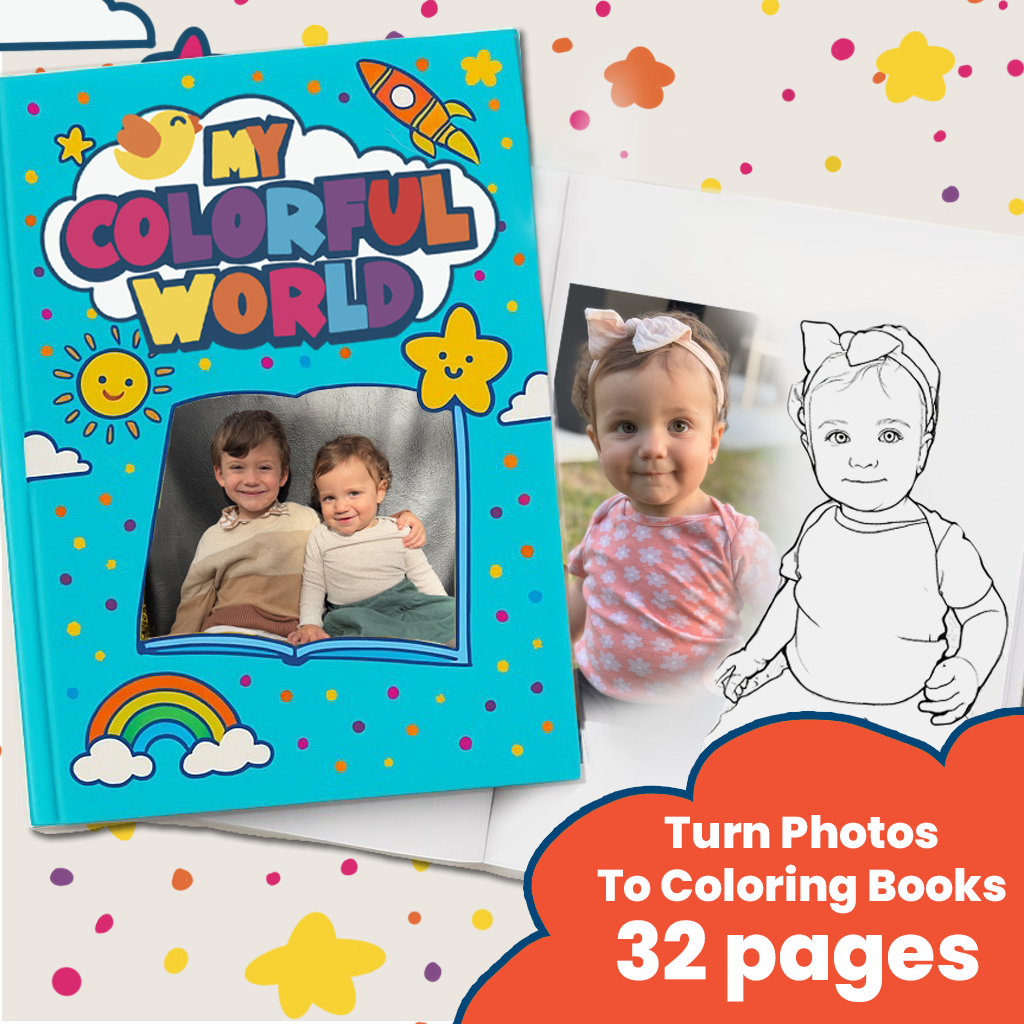 Photo Coloring Book – 32 Pages: promo graphic of your photos turned into a 32-page coloring book