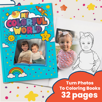 Photo Coloring Book – 32 Pages: promo graphic of your photos turned into a 32-page coloring book