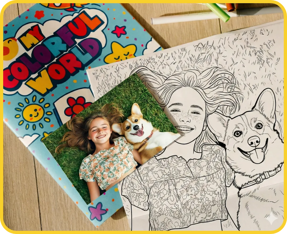 A favorite family photo turned into a personalized coloring book page